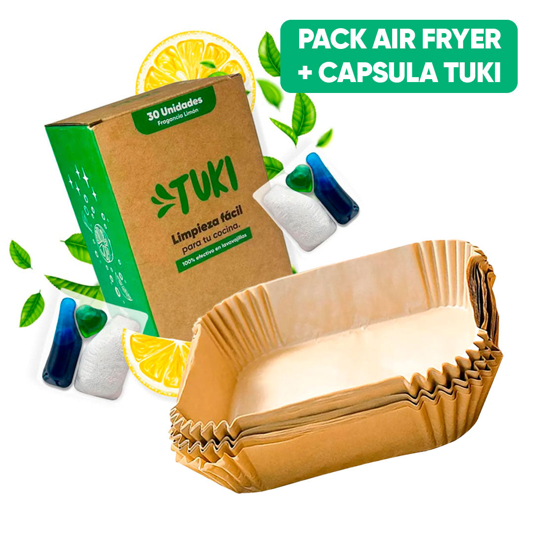 Pack Air Fryer 50 Bandeja cuadradas de Papel + Capsula de Limpieza Tuki