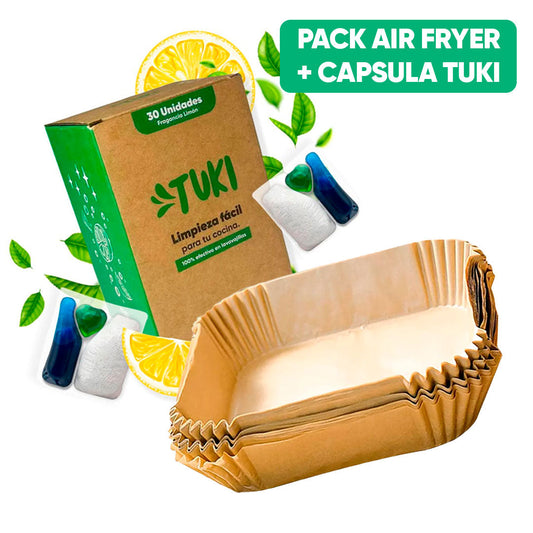 Pack Air Fryer 50 Bandeja cuadradas de Papel + Capsula de Limpieza Tuki
